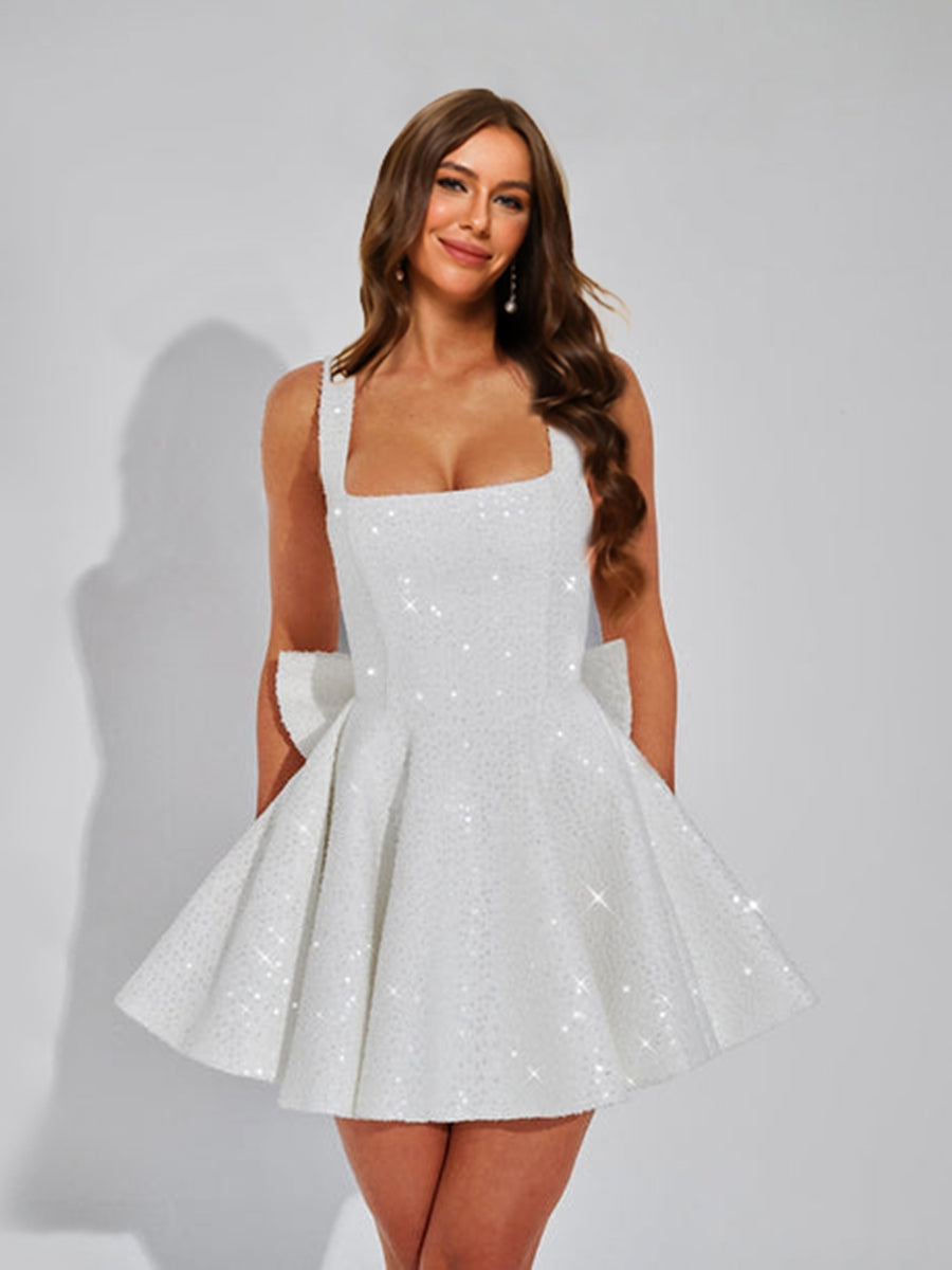 A-Line Square Neck Sequin Short Semi Formal Dresses with Bow