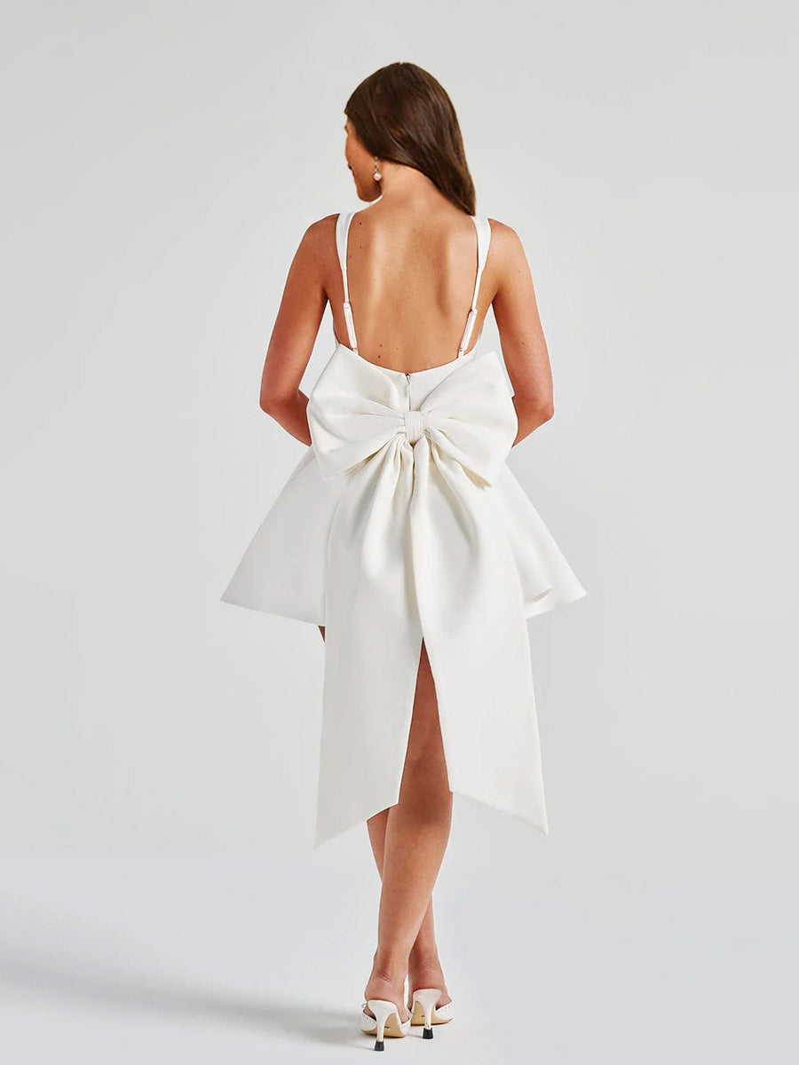 A-Line Square Neck Pleated Short Semi Formal Dresses with Bow