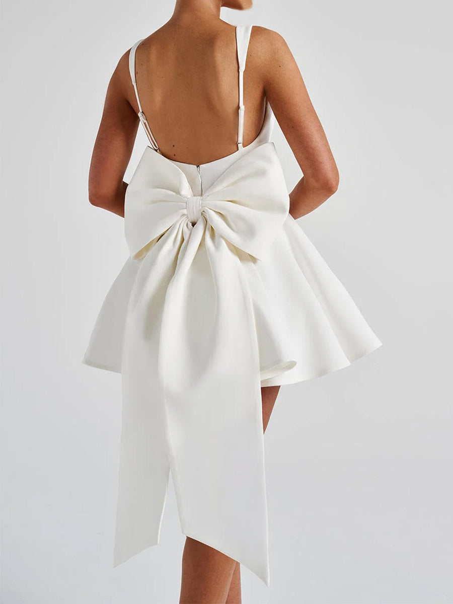 A-Line Square Neck Pleated Short Semi Formal Dresses with Bow