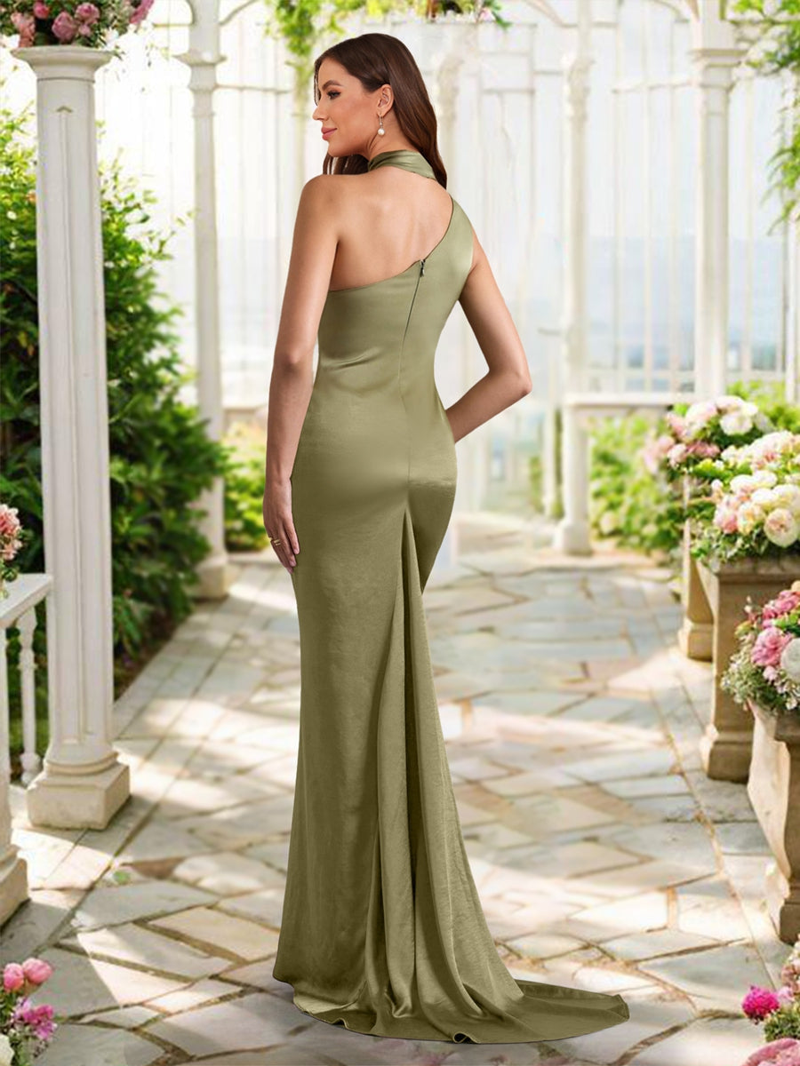Sheath/Column Asymmetrical High Neck Ruched Long Bridesmaid Dresses with Sash