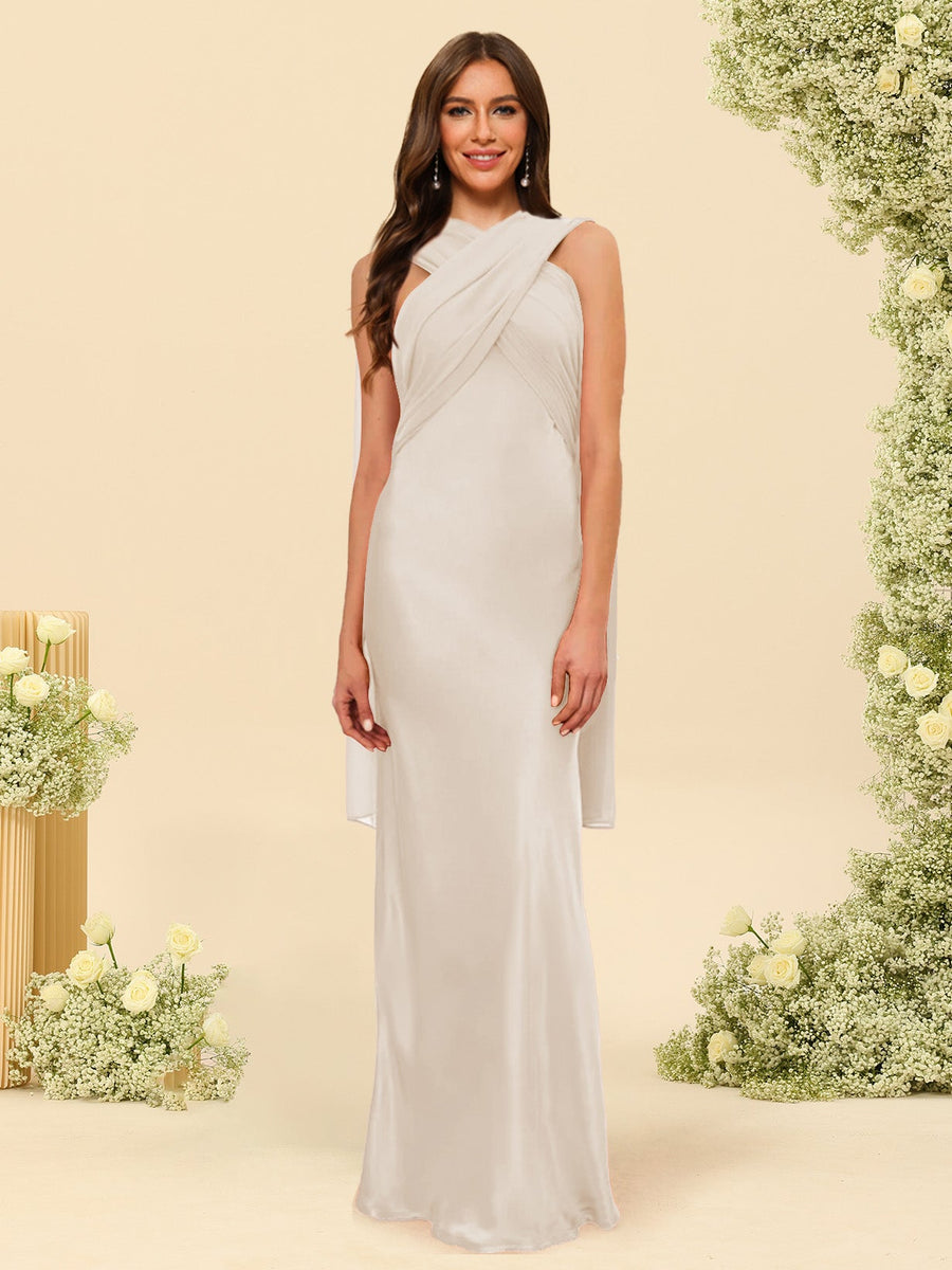 Sheath/Column Halter Sleeveless Floor-Length Lace-Up Bridesmaid Dresses