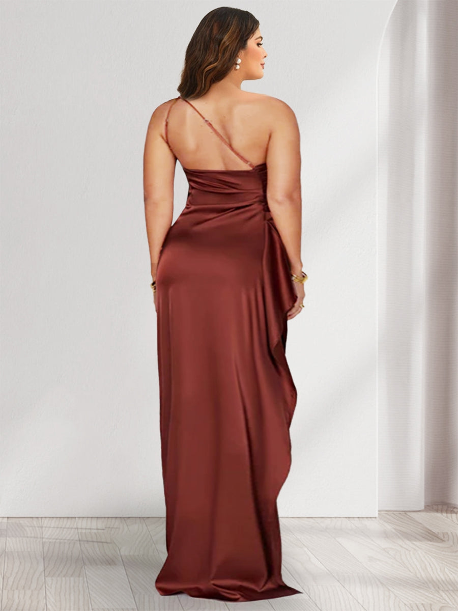 Sheath/Column One-Shoulder Sleeveless Floor-Length Plus Size Bridesmaid Dresses with Split Side