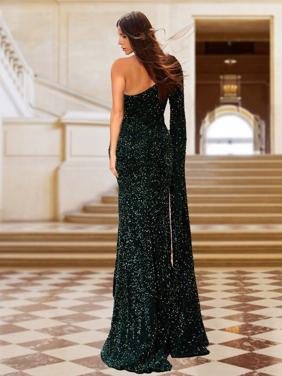 Sheath/Column One-Shoulder Floor-Length Formal Dresses with Split Side