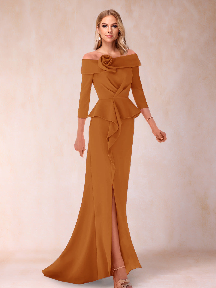 Sheath/Column Off-the-Shoulder Floor-Length Mother of the Bride Dresses With Ruffles & Split Side