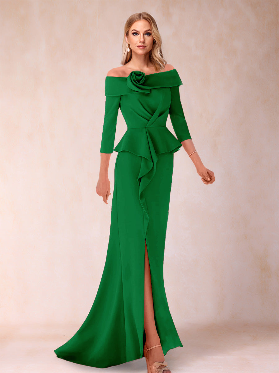 Sheath/Column Off-the-Shoulder Floor-Length Mother of the Bride Dresses With Ruffles & Split Side