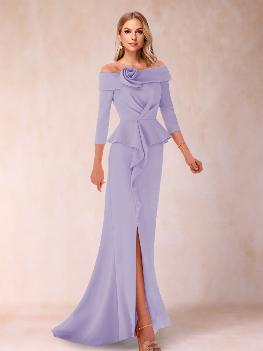 Sheath/Column Off-the-Shoulder Floor-Length Mother of the Bride Dresses With Ruffles & Split Side