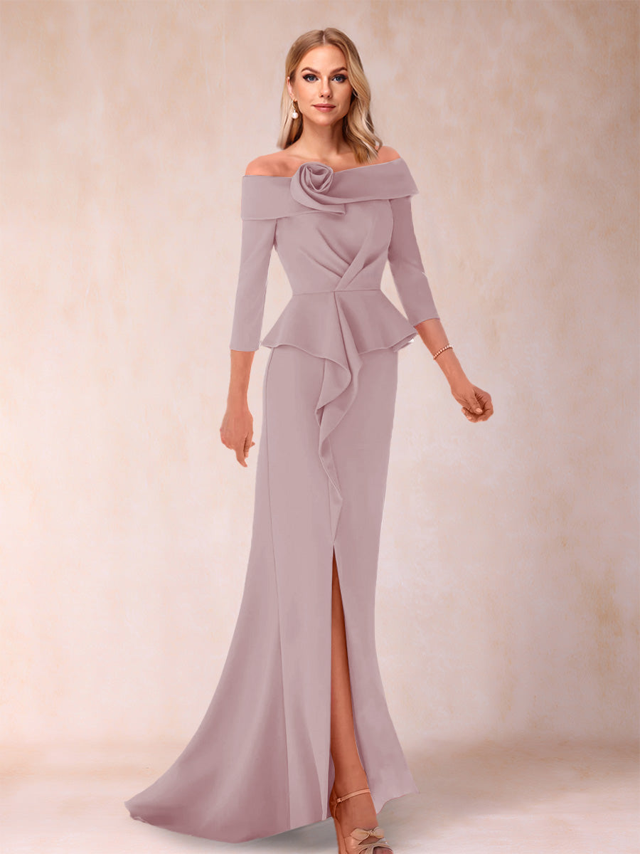 Sheath/Column Off-the-Shoulder Floor-Length Mother of the Bride Dresses With Ruffles & Split Side