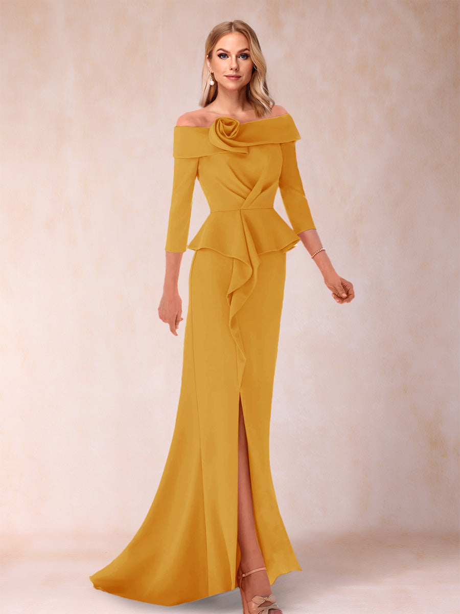 Sheath/Column Off-the-Shoulder Floor-Length Mother of the Bride Dresses With Ruffles & Split Side