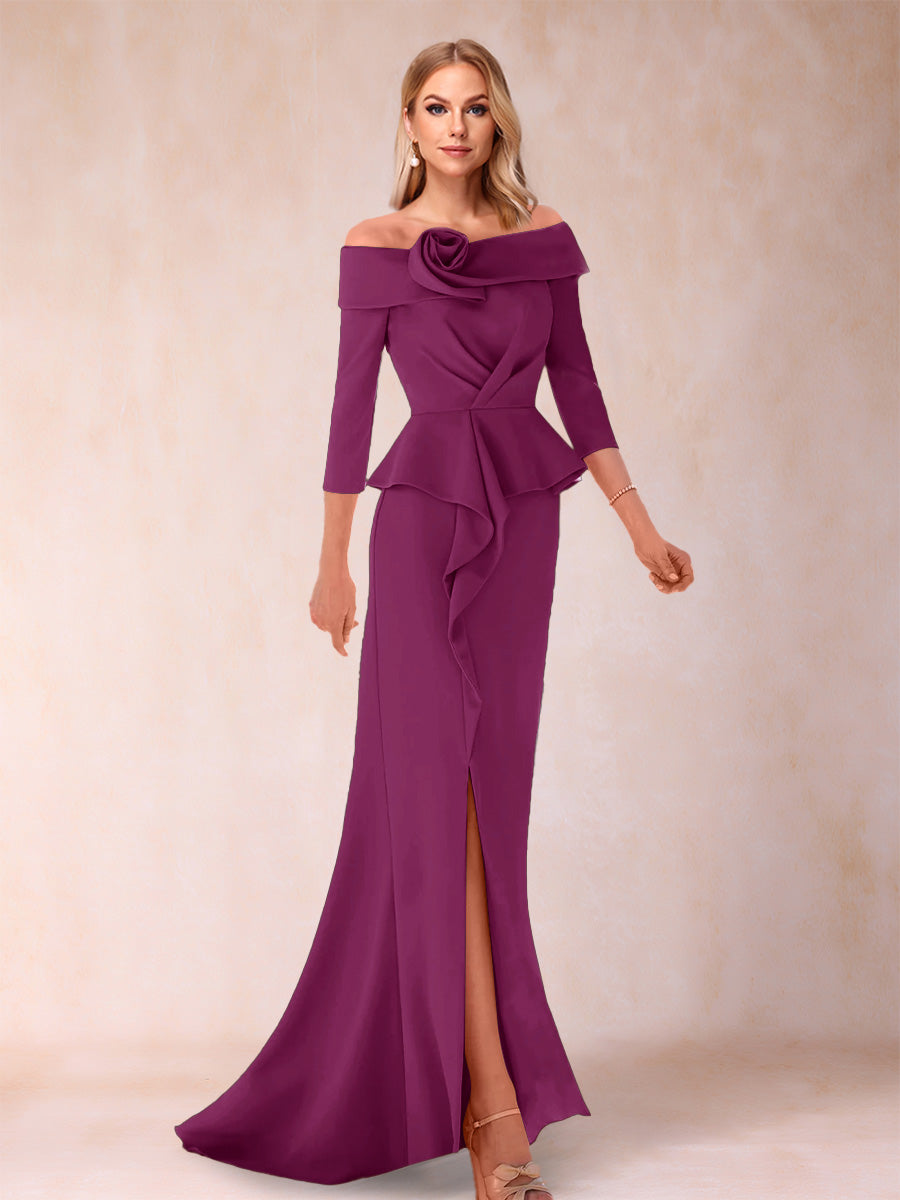 Sheath/Column Off-the-Shoulder Floor-Length Mother of the Bride Dresses With Ruffles & Split Side