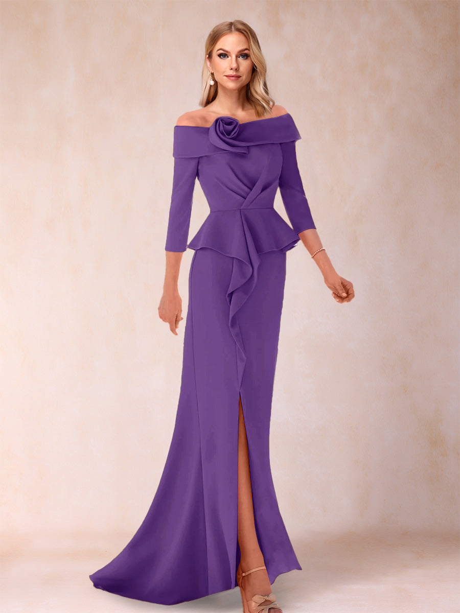 Sheath/Column Off-the-Shoulder Floor-Length Mother of the Bride Dresses With Ruffles & Split Side