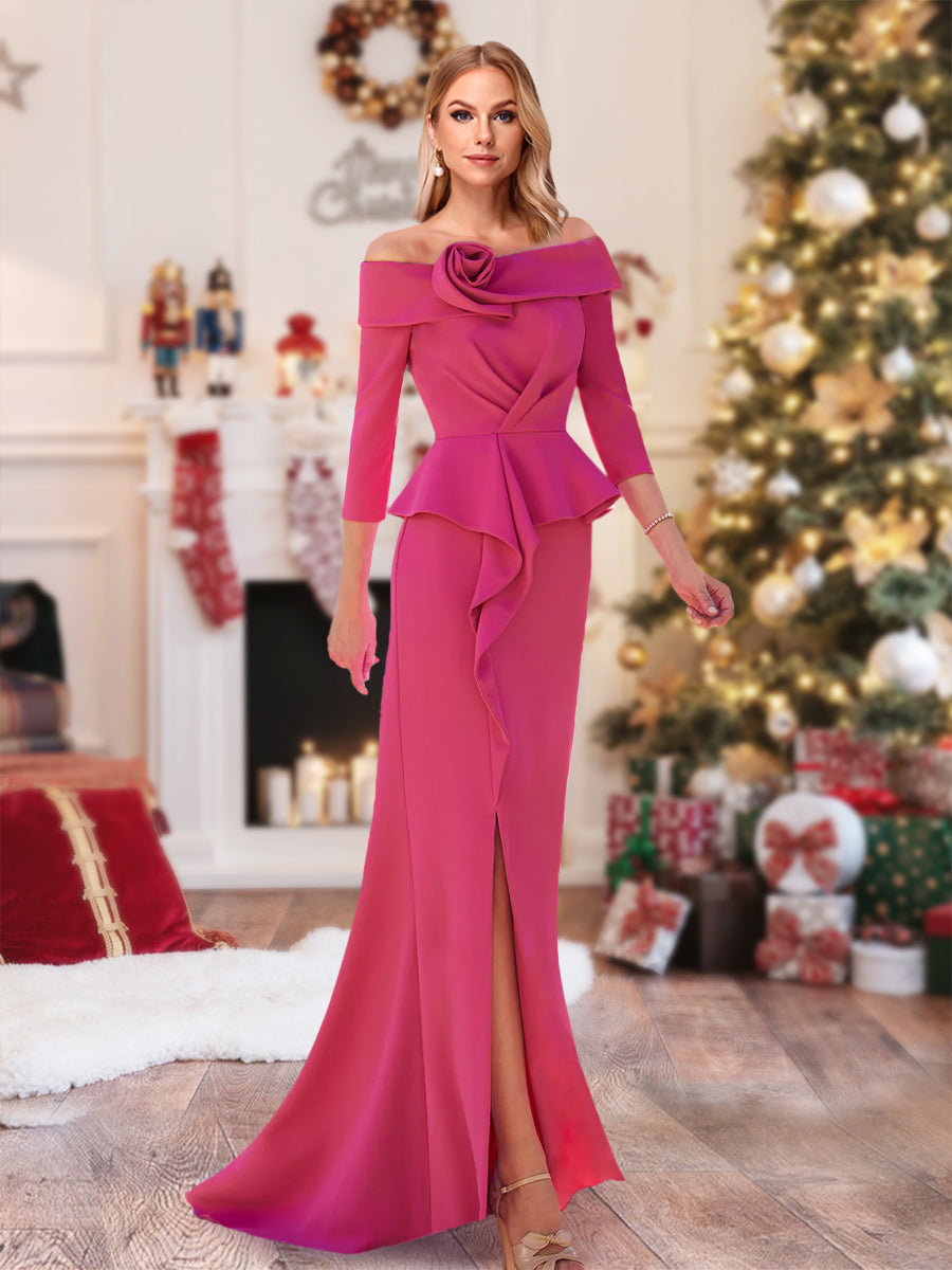 Sheath/Column Off-the-Shoulder Floor-Length Christmas Dresses With Ruffles & Split Side