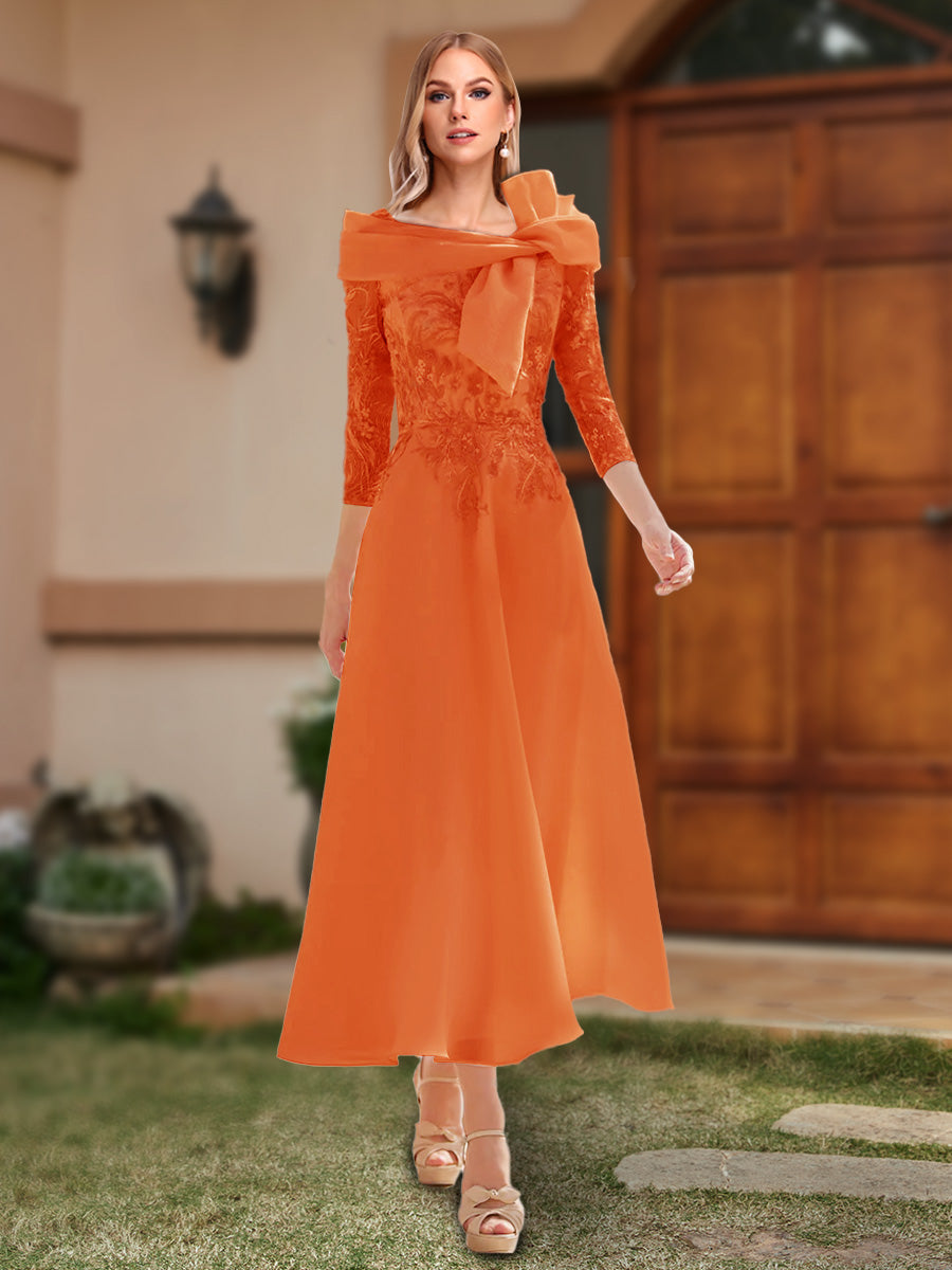 A-Line/Princess Off-the-Shoulder Ankle-Length Mother of the Bride Dresses With Bow(s) & Appliques