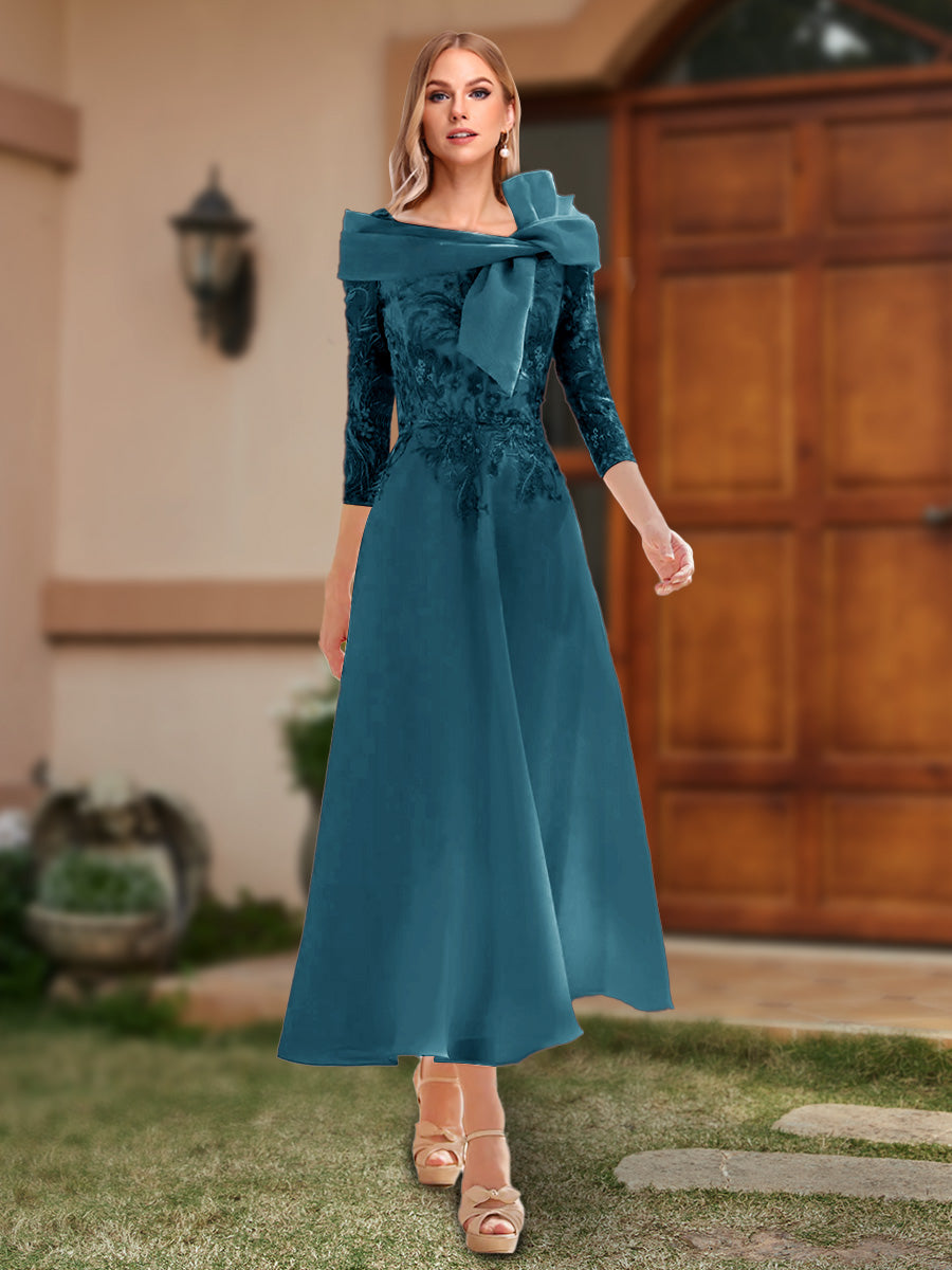 A-Line/Princess Off-the-Shoulder Ankle-Length Mother of the Bride Dresses With Bow(s) & Appliques