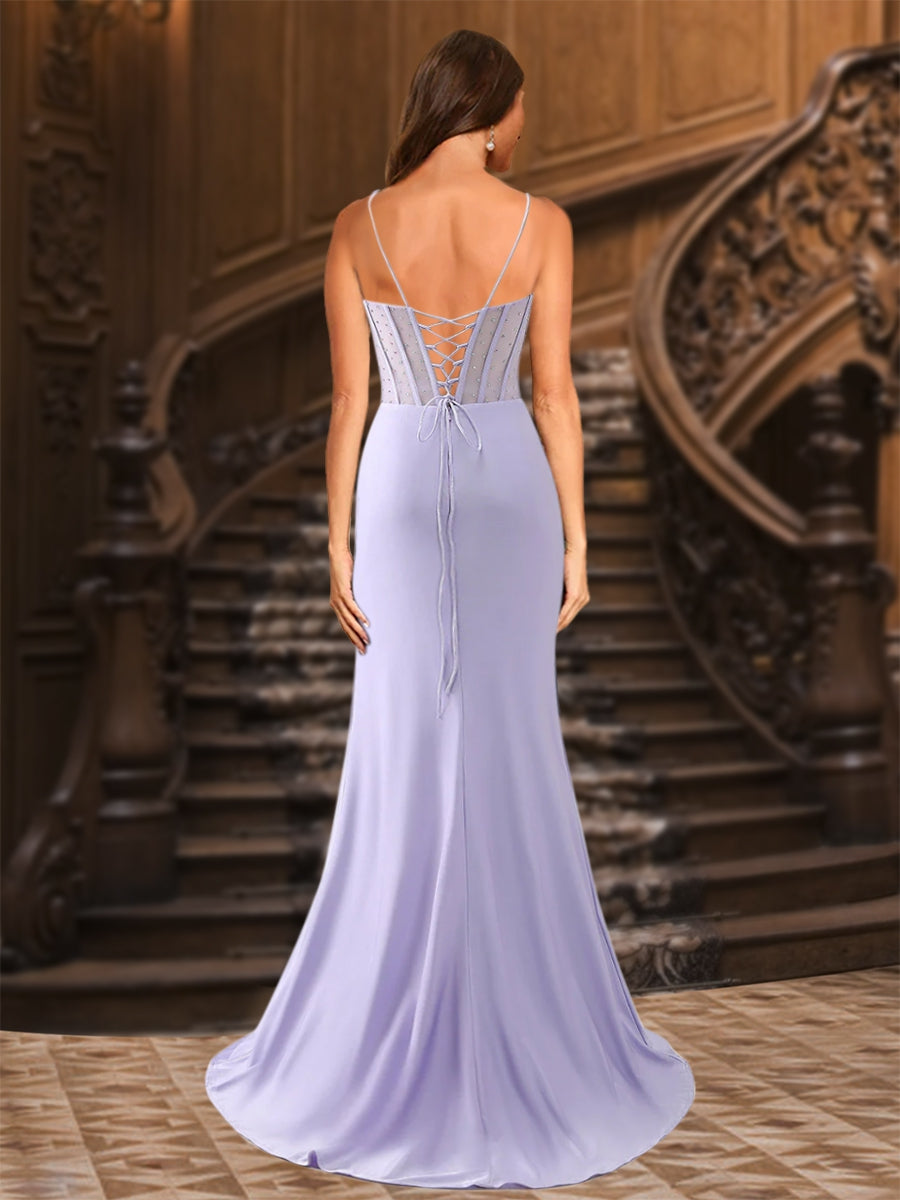 Trumpet/Mermaid Spaghetti Straps Pleated Satin Long Formal Dresses with Side Slit & Rhinestone