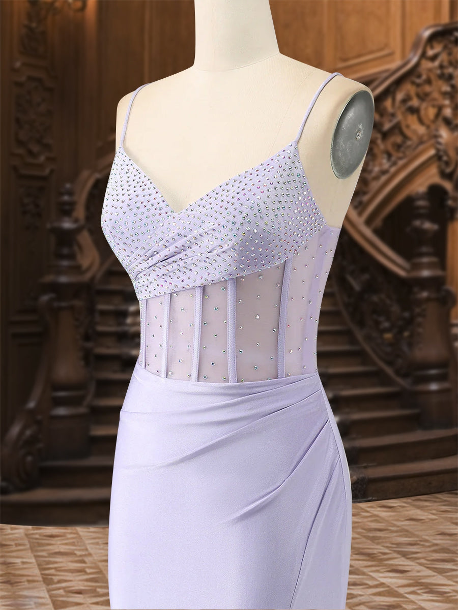 Trumpet/Mermaid Spaghetti Straps Pleated Satin Long Formal Dresses with Side Slit & Rhinestone