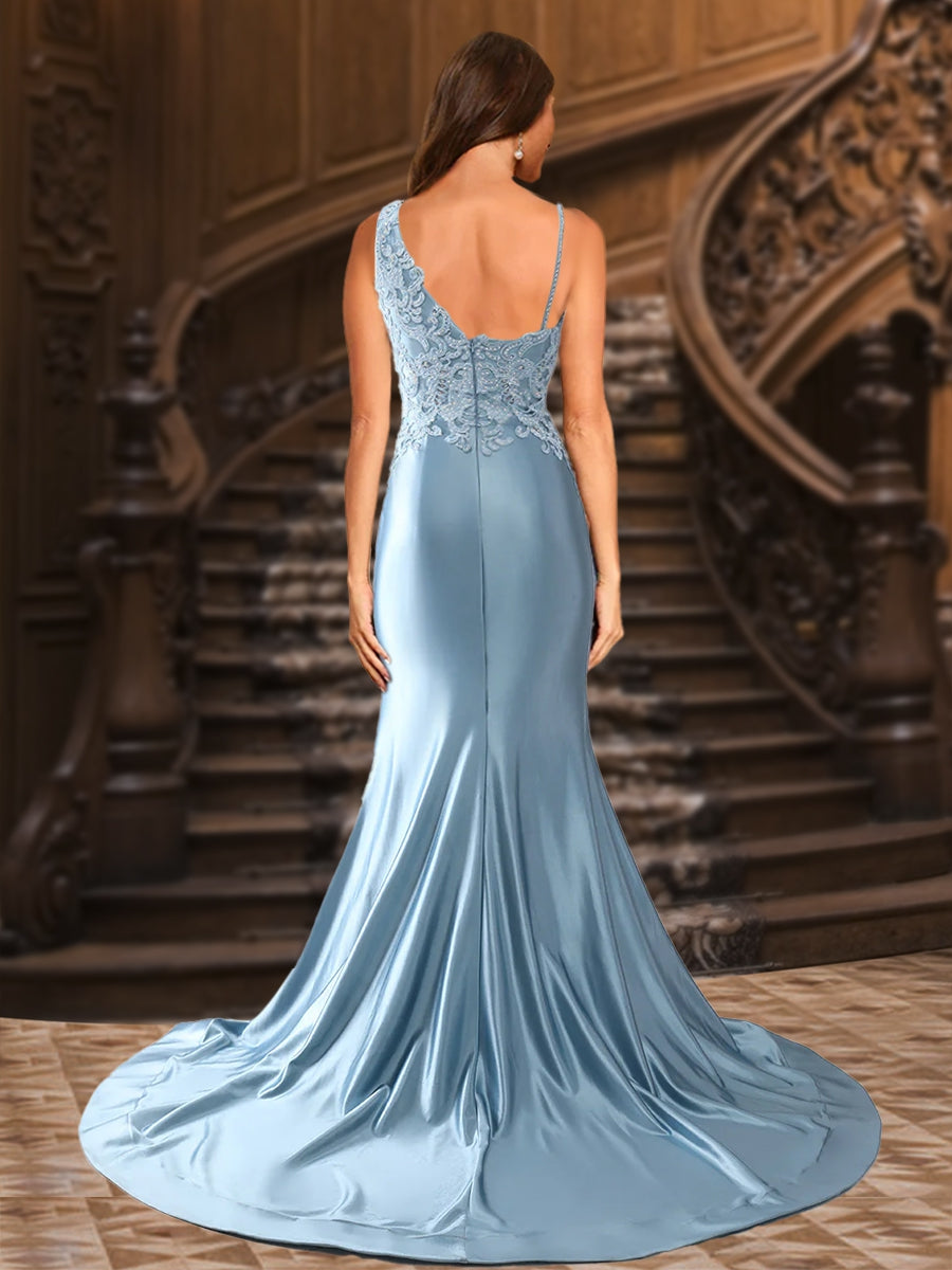 Trumpet/Mermaid V-Neck Satin Long Elegant Formal Dresses with Appliques