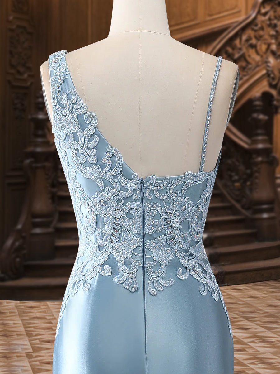 Trumpet/Mermaid V-Neck Satin Long Elegant Formal Dresses with Appliques