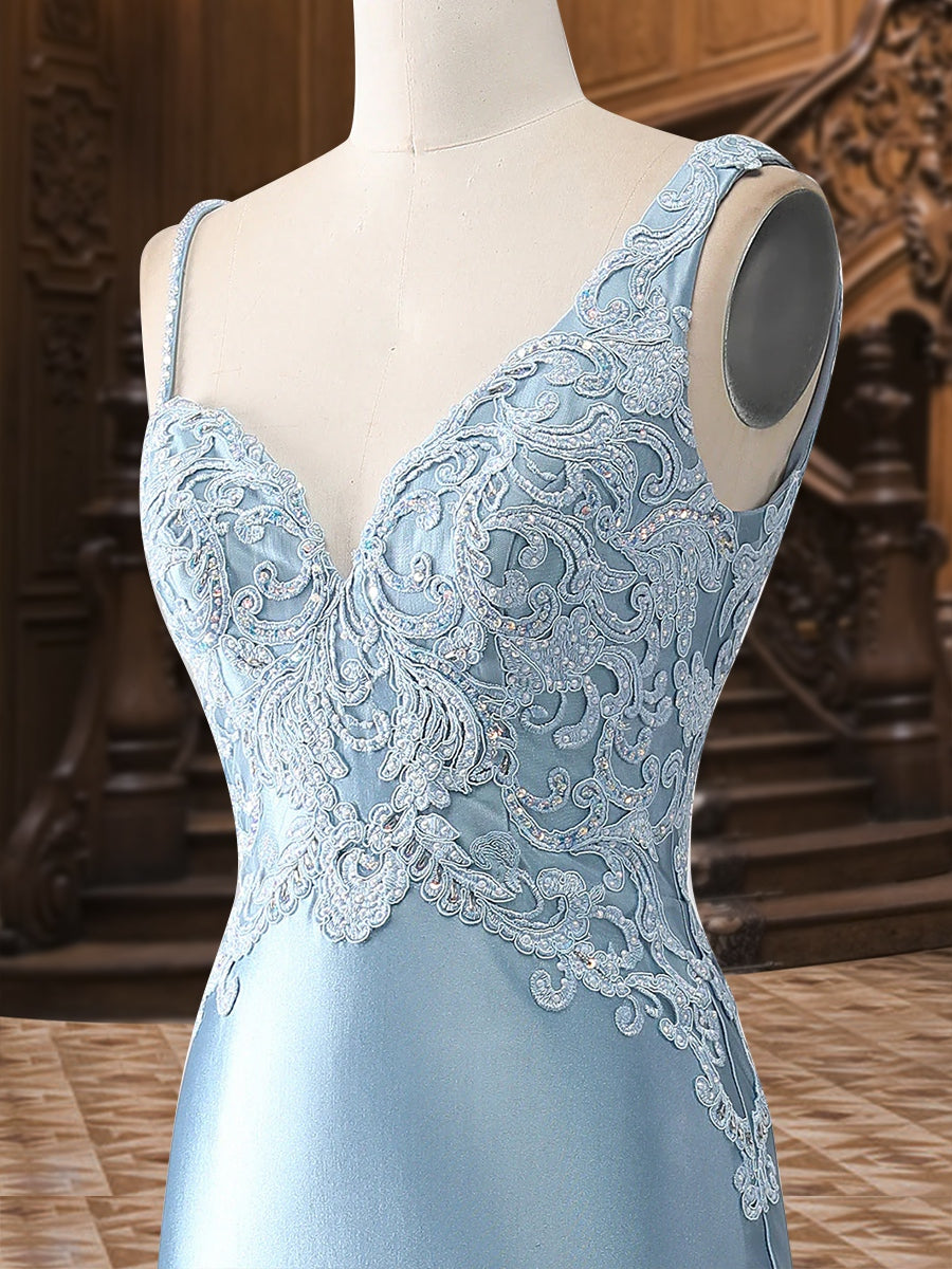 Trumpet/Mermaid V-Neck Satin Long Elegant Formal Dresses with Appliques