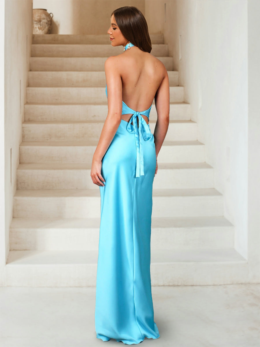 Sheath/Column Halter Ruched Floor-Length Sexy Long Formal Dresses with Rhinestone