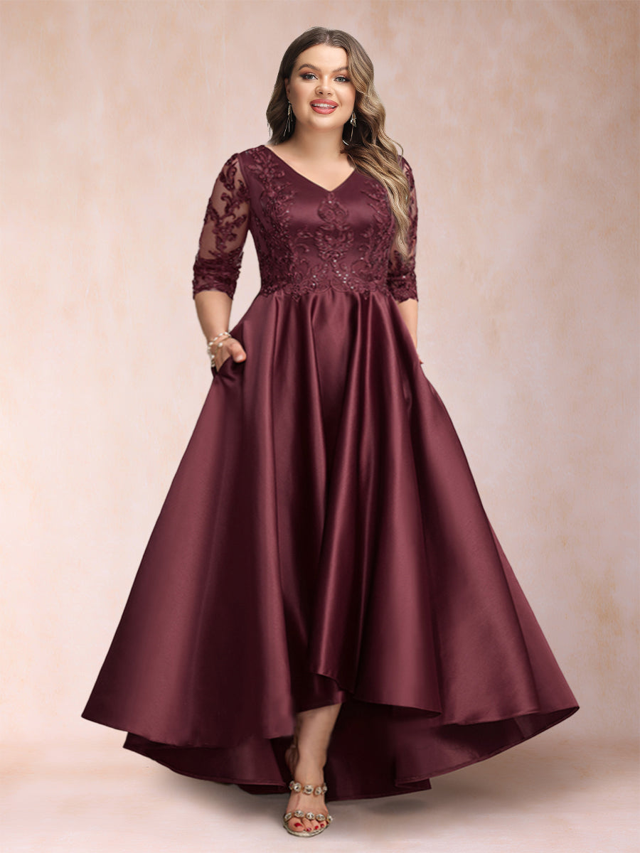 Lavetir A-Line/Princess V-Neck 3/4 Sleeves Asymmetrical Plus Size Mother of the Bride Dresses with Appliques 12010212P - Lavetir AU Lavetir A-Line/Princess V-Neck 3/4 Sleeves Asymmetrical Plus Size Mother of the Bride Dresses with Appliques 12010212P - Lavetir AU