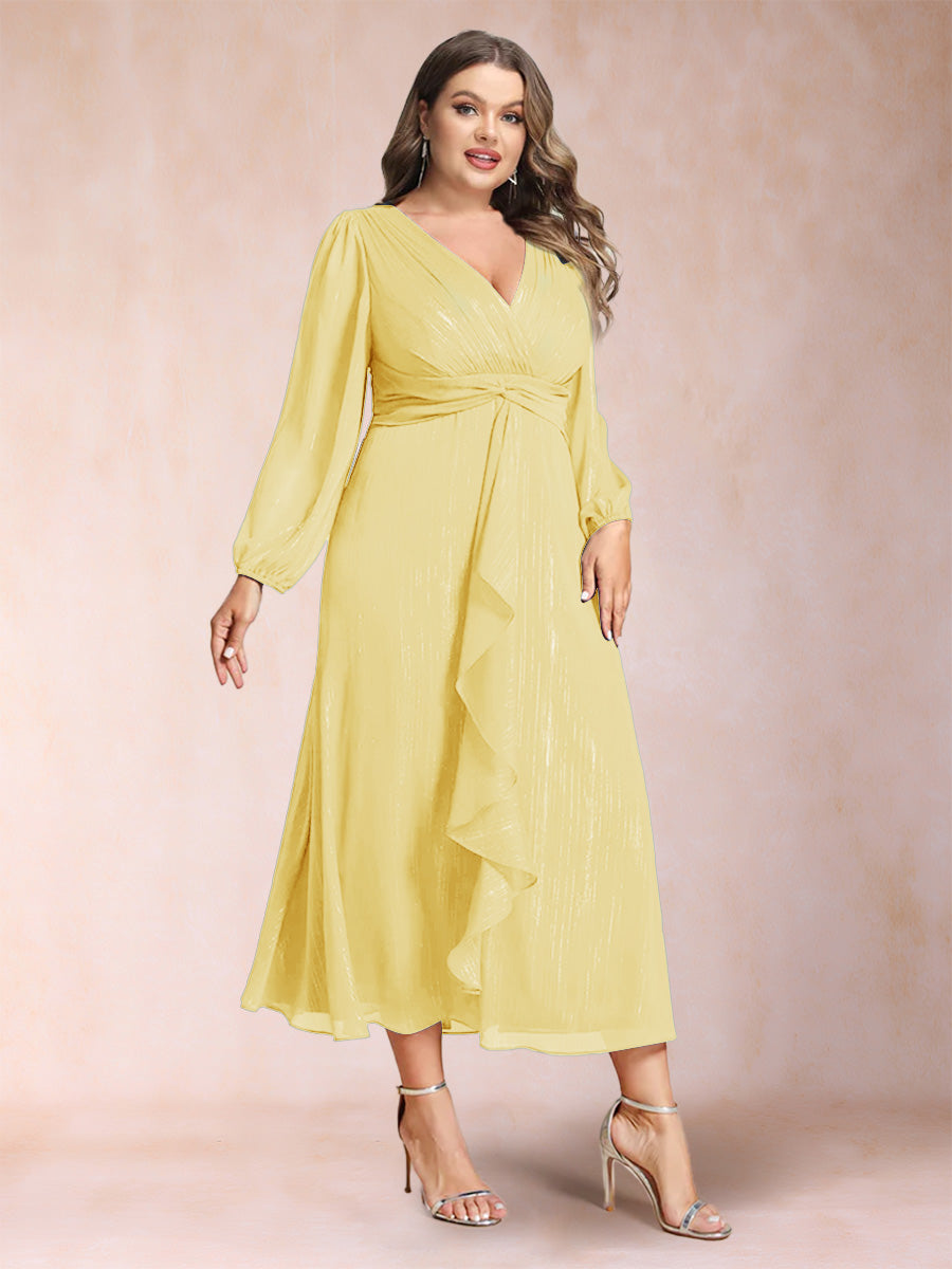 A-Line/Princess Crossover V-Neck Long Sleeves Ruffled Plus Size Evening Dresses