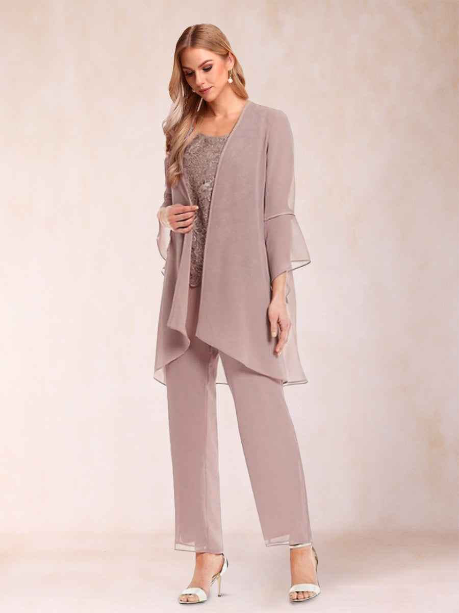 Chiffon Scoop Long Sleeves 3 Pieces Pantsuits with Applique & Jacket