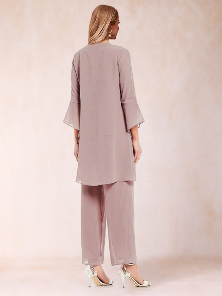 Chiffon Scoop Long Sleeves 3 Pieces Pantsuits with Applique & Jacket
