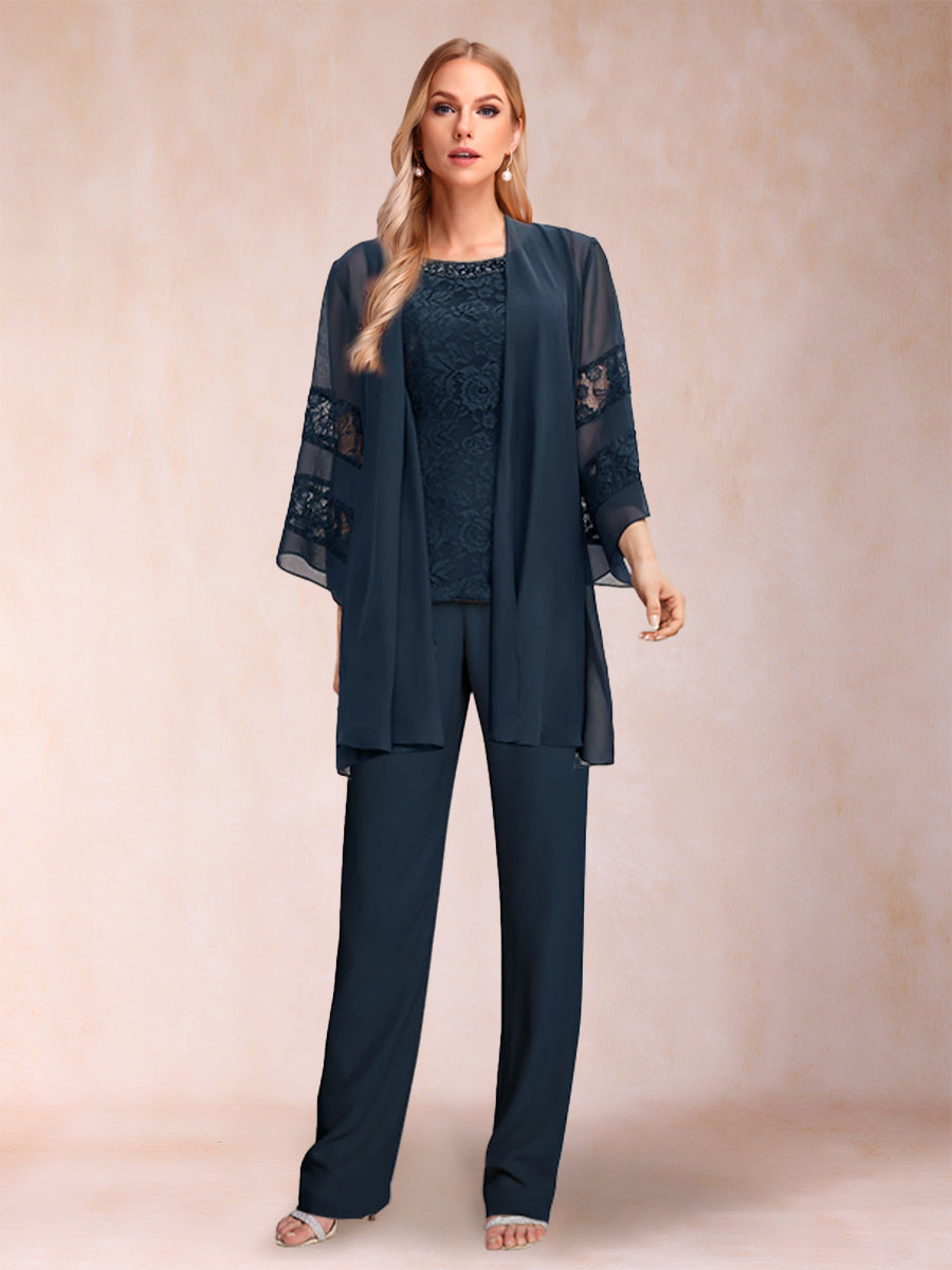 Chiffon Scoop Long Sleeves 3 Pieces Pantsuits with Applique & Jacket