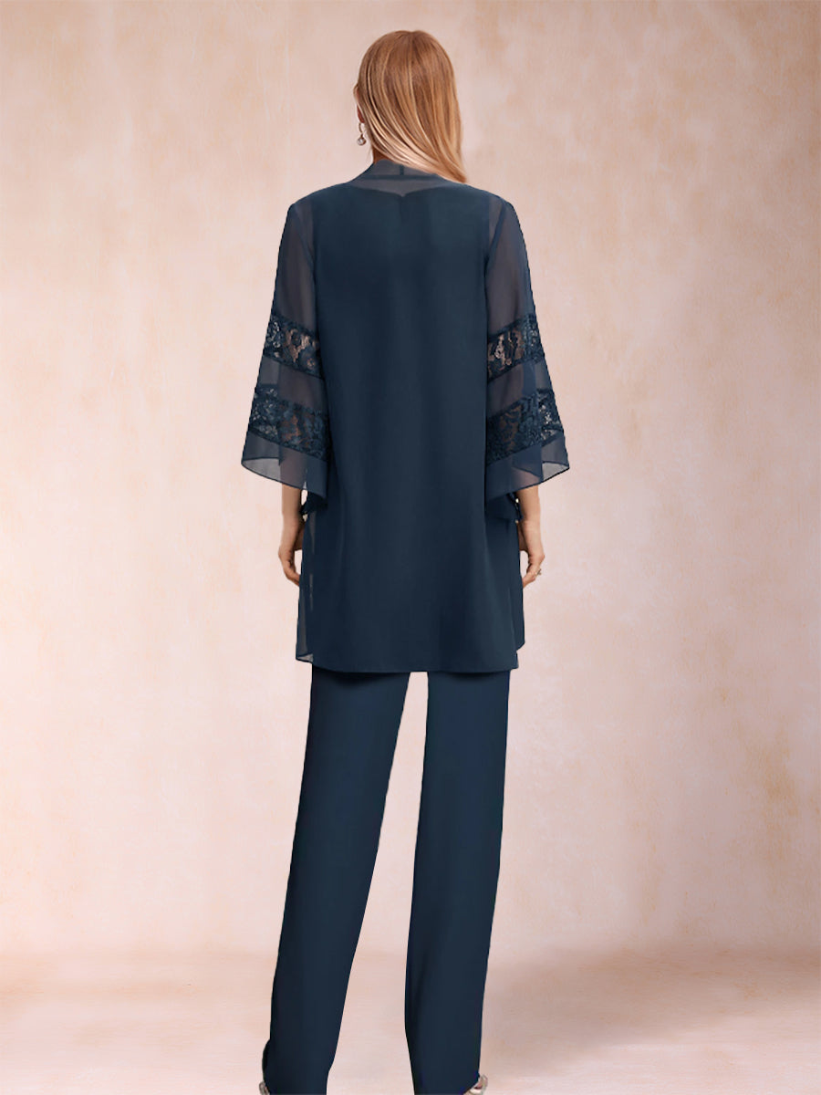 Chiffon Scoop Long Sleeves 3 Pieces Pantsuits with Applique & Jacket