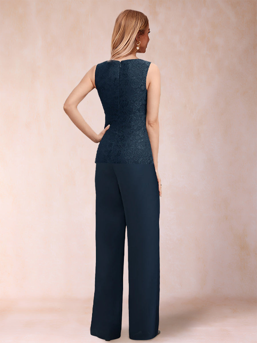 Chiffon Scoop Long Sleeves 3 Pieces Pantsuits with Applique & Jacket