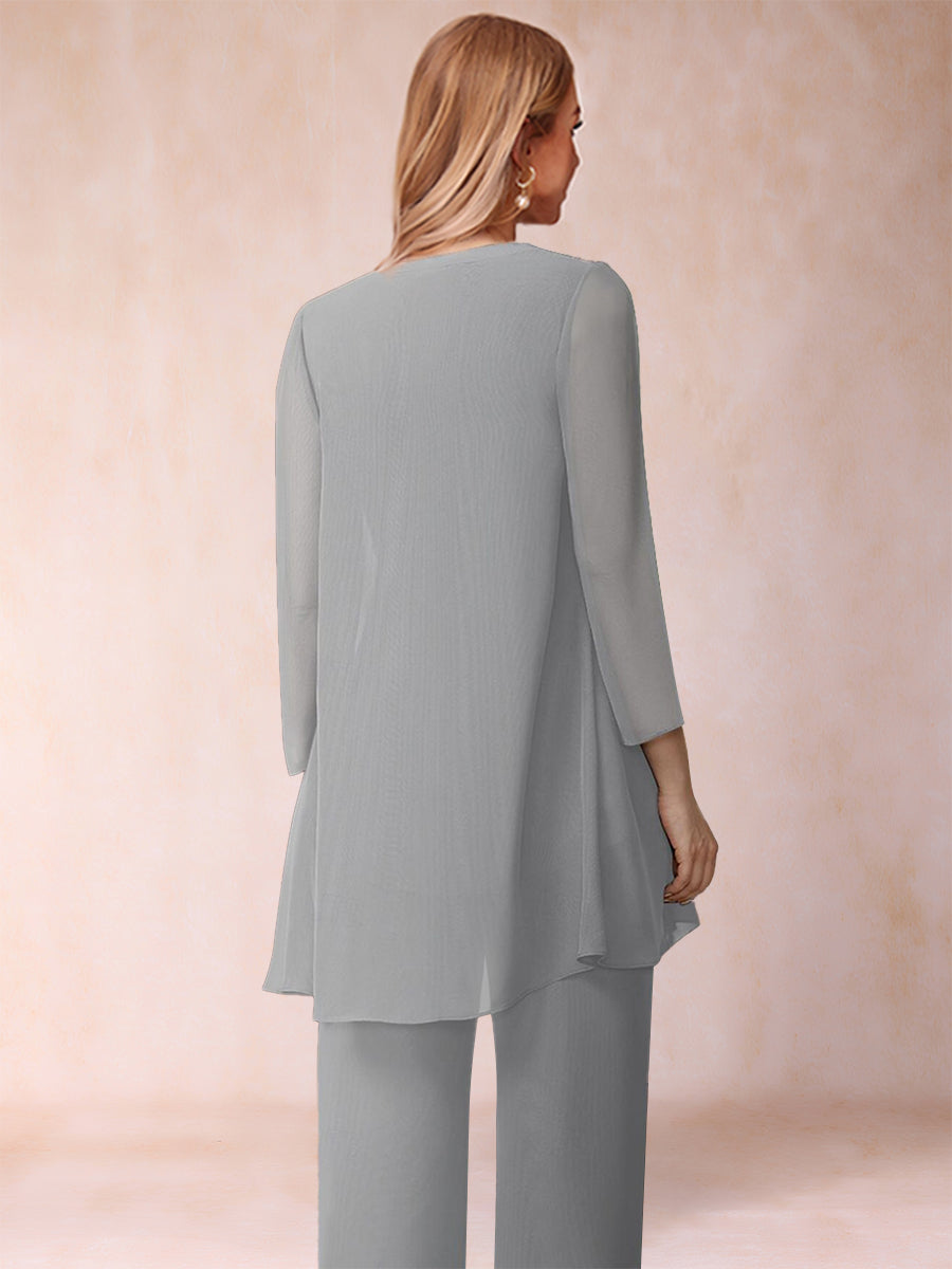 Chiffon Scoop Long Sleeves 3 Pieces Pantsuits with Ruched & Jacket