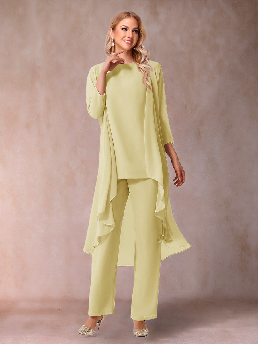 Chiffon Scoop 3/4 Sleeves 3 Pieces Pantsuits with Ruched & Jacket