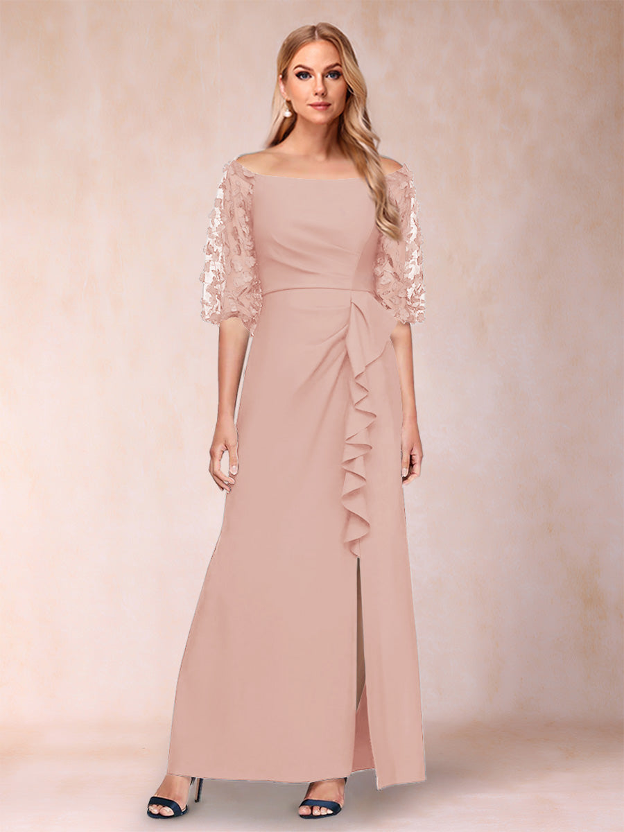 Sheath/Column Off-the-Shoulder Half Sleeves Mother of the Bride Dresses with Applique