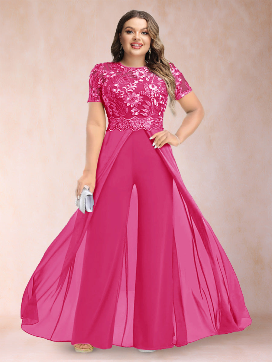 A-Line/Princess Scoop Short Sleeves 2 Pieces Plus Size Mother of the Bride Pantsuits with Applique