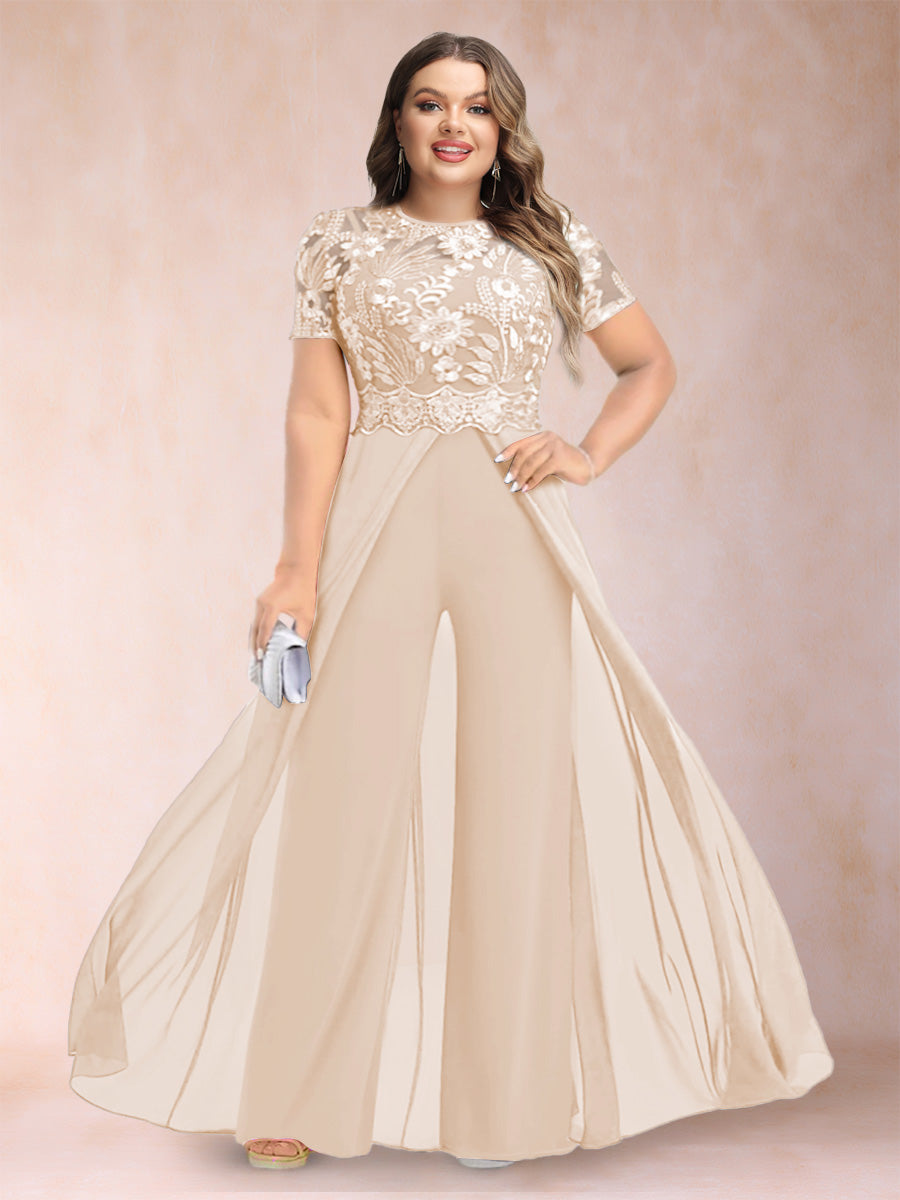 A-Line/Princess Scoop Short Sleeves 2 Pieces Plus Size Mother of the Bride Pantsuits with Applique