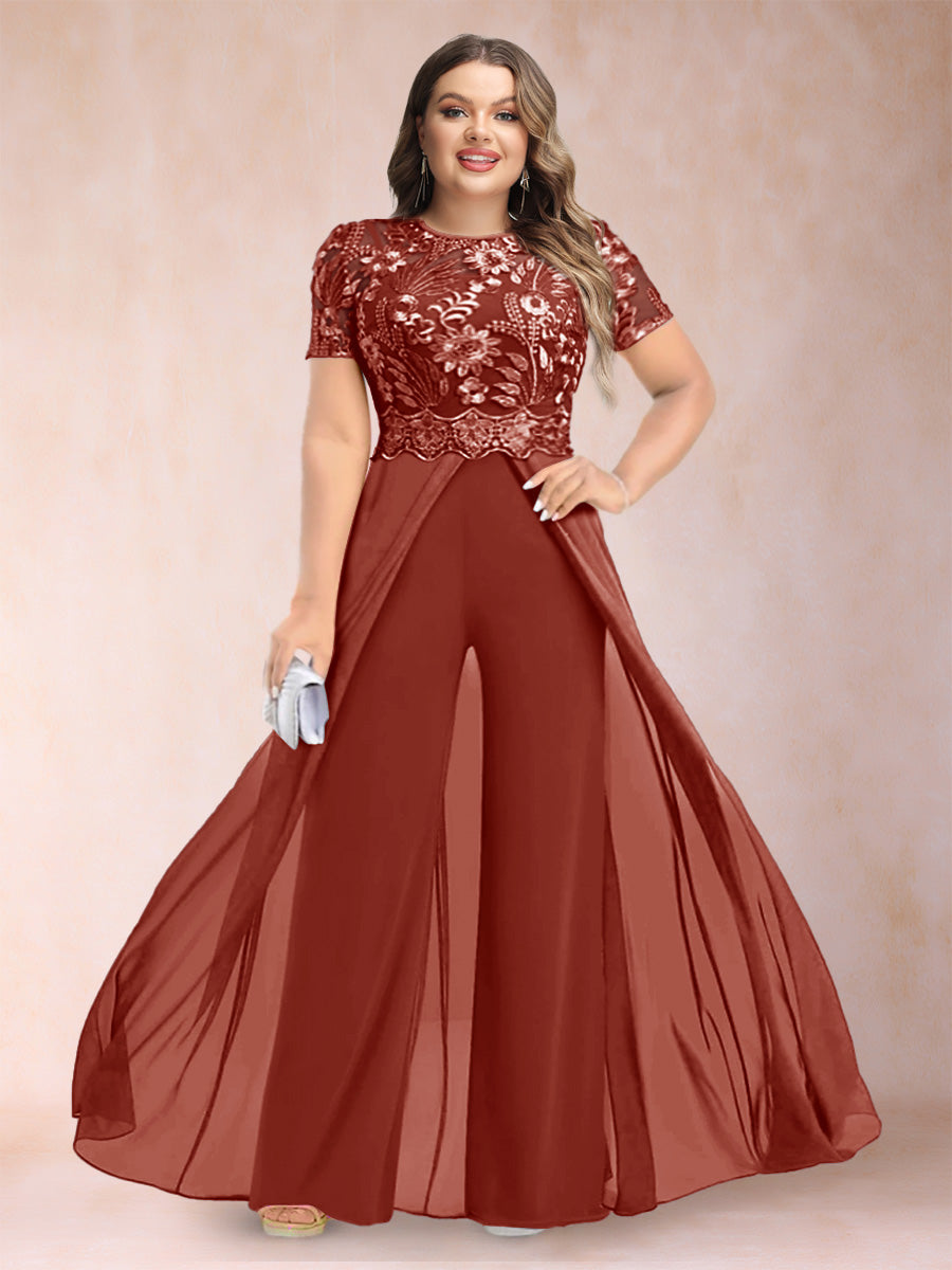 A-Line/Princess Scoop Short Sleeves 2 Pieces Plus Size Mother of the Bride Pantsuits with Applique