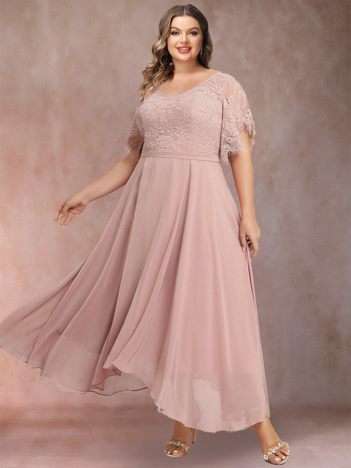 Lavetir A-Line/Princess V-Neck Short Sleeves Plus Size Mother of the Bride  Dresses with Applique 12010436P