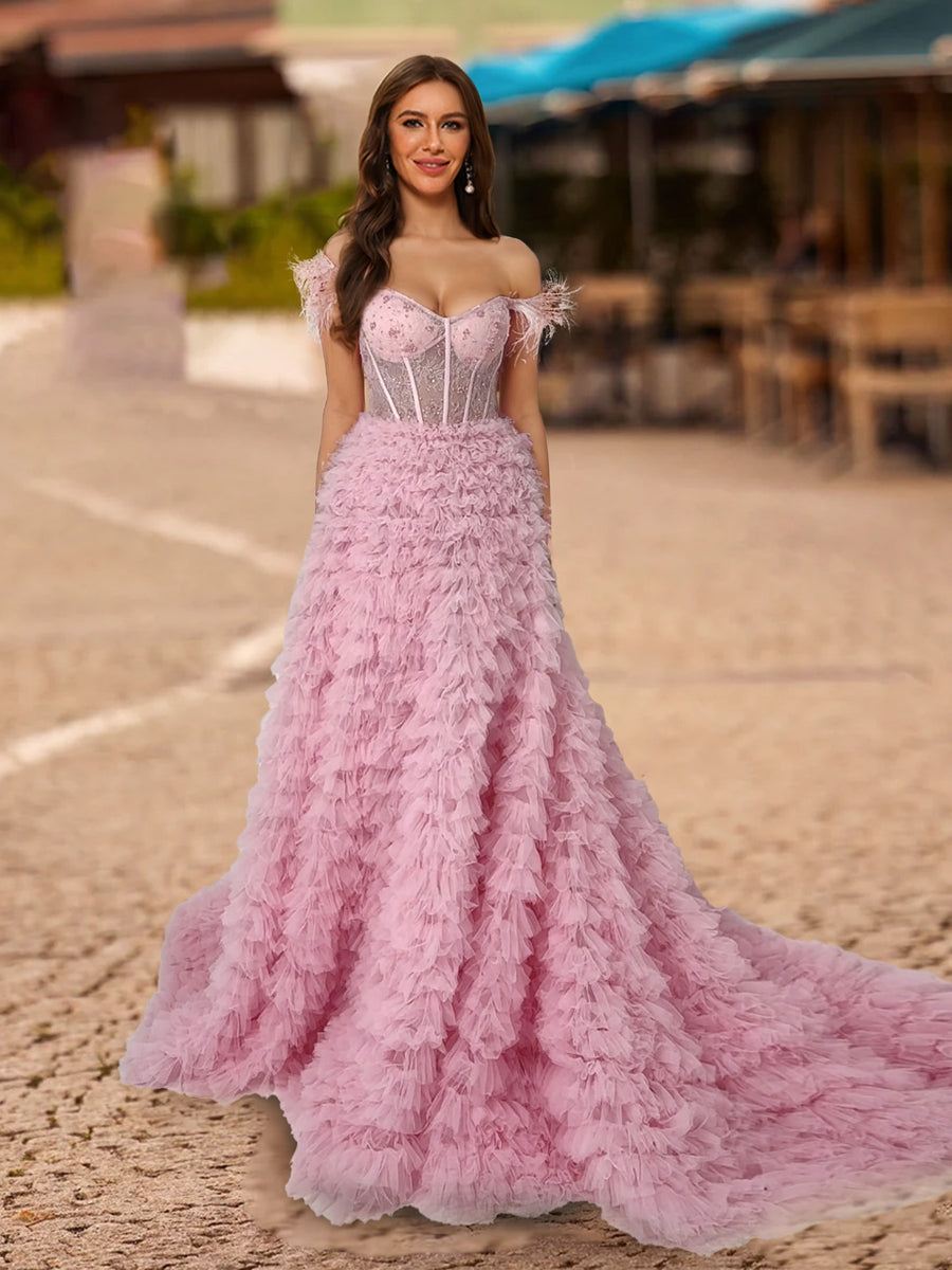 A-Line/Princess Off-the-Shoulder Short Sleeves Formal Dresses with Lace