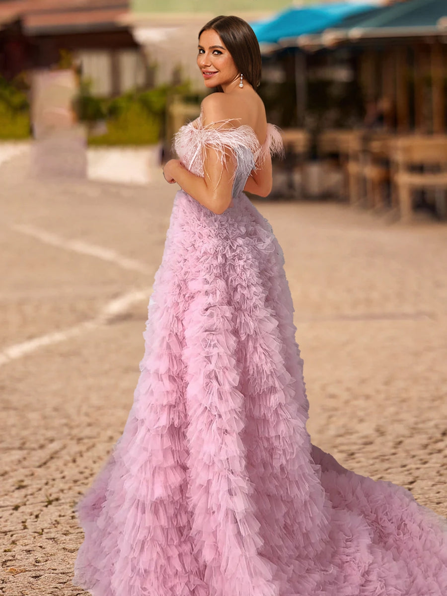 A-Line/Princess Off-the-Shoulder Short Sleeves Formal Dresses with Lace