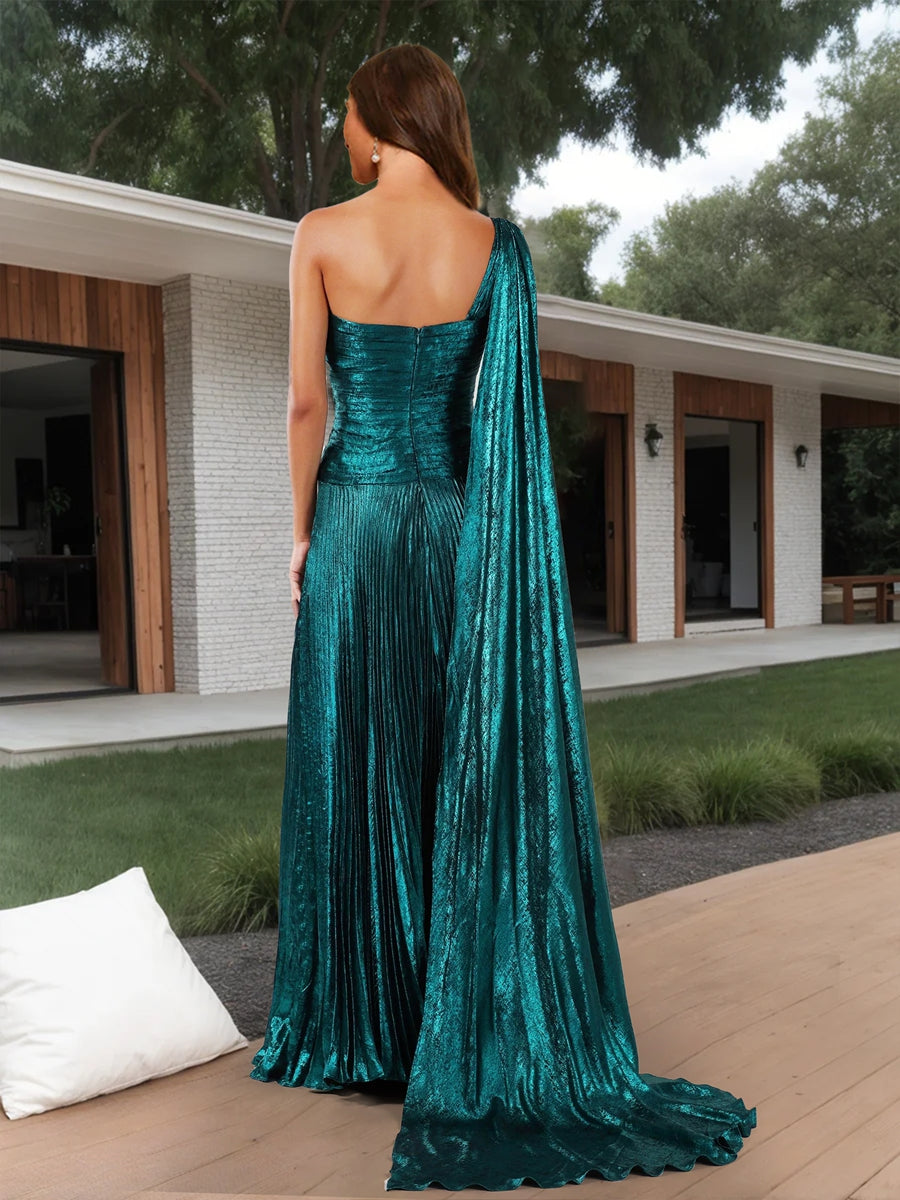 Sheath/Column One-Shoulder Sleeveless Formal Dresses with Watteau Train