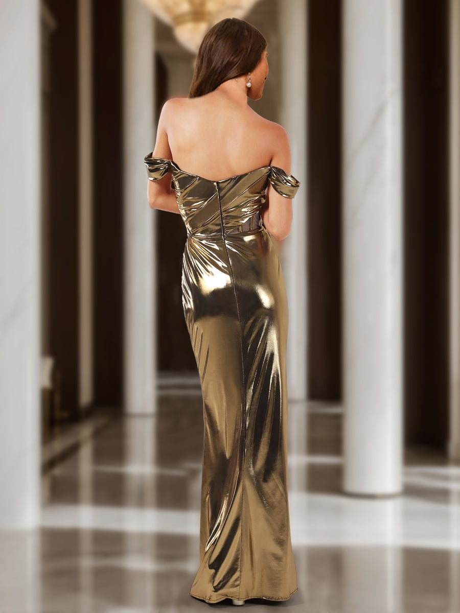 Sheath/Column Off-the-Shoulder Short Sleeves Formal Dresses with Ruched