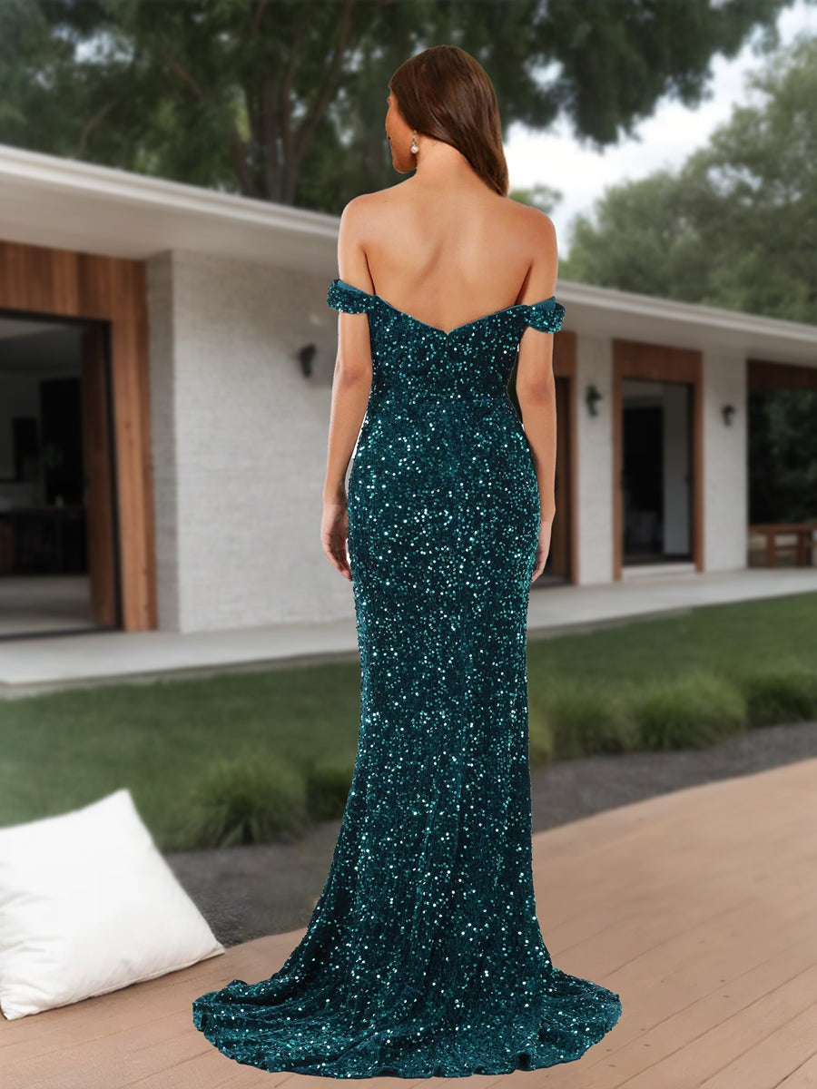 Sheath/Column Off-the-Shoulder Short Sleeves Formal Dresses with Split Side