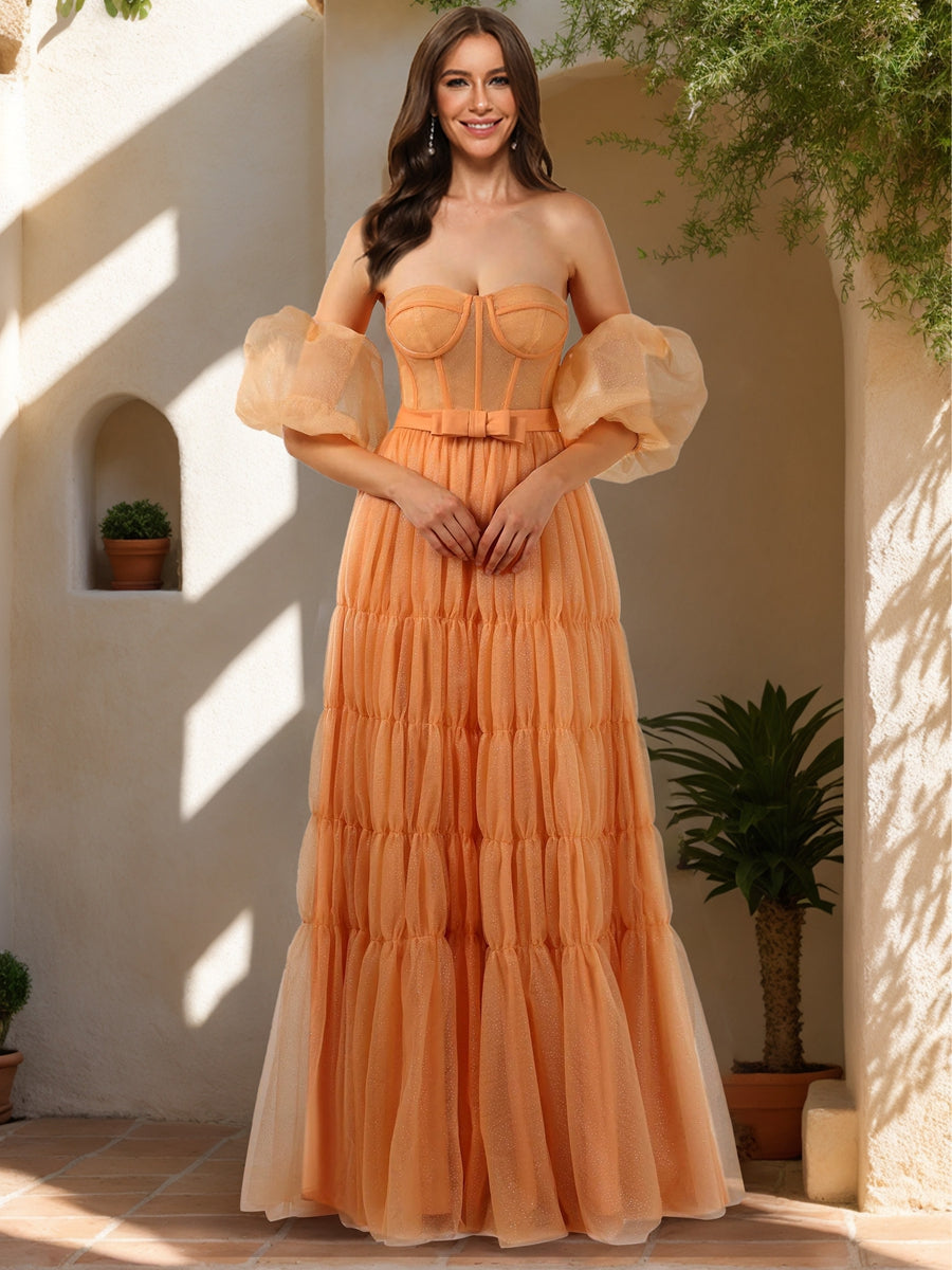 A-Line/Princess Strapless Short Sleeves Formal Dresses with Sash