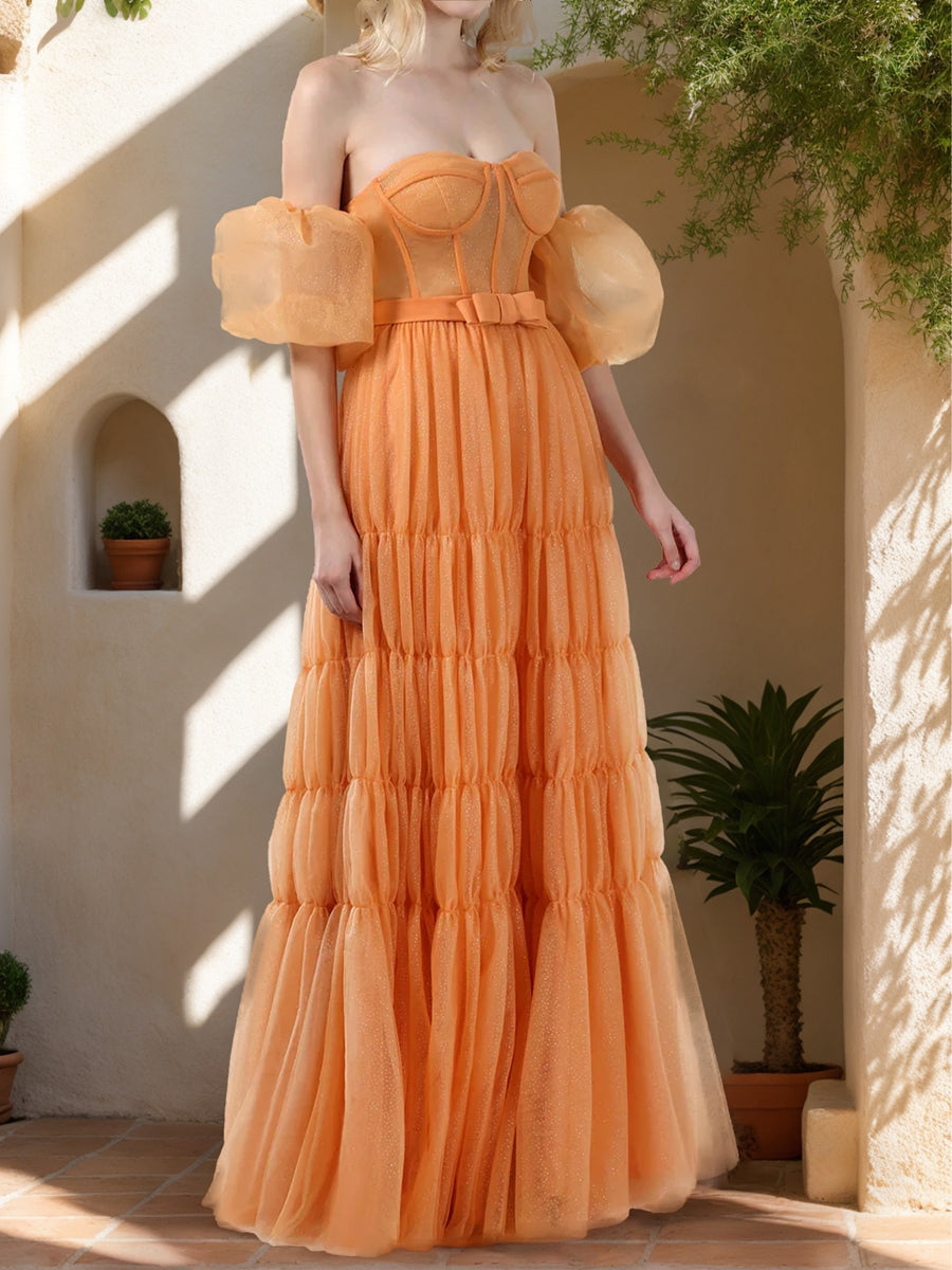 A-Line/Princess Strapless Short Sleeves Formal Dresses with Sash