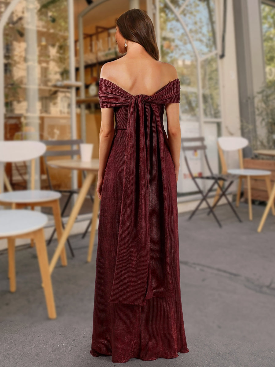 Sheath/Column Off-the-Shoulder Short Sleeves Formal Dresses with Split Side