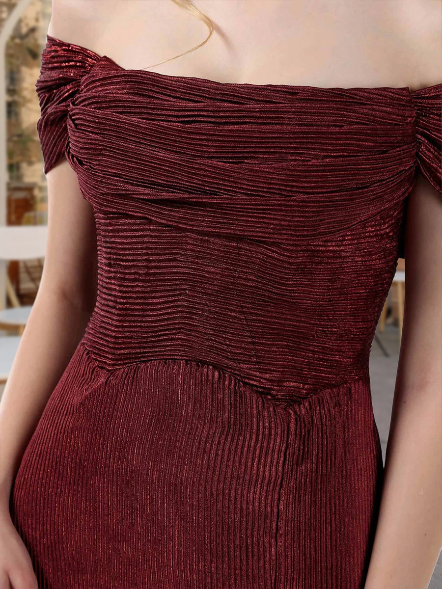 Sheath/Column Off-the-Shoulder Short Sleeves Formal Dresses with Split Side