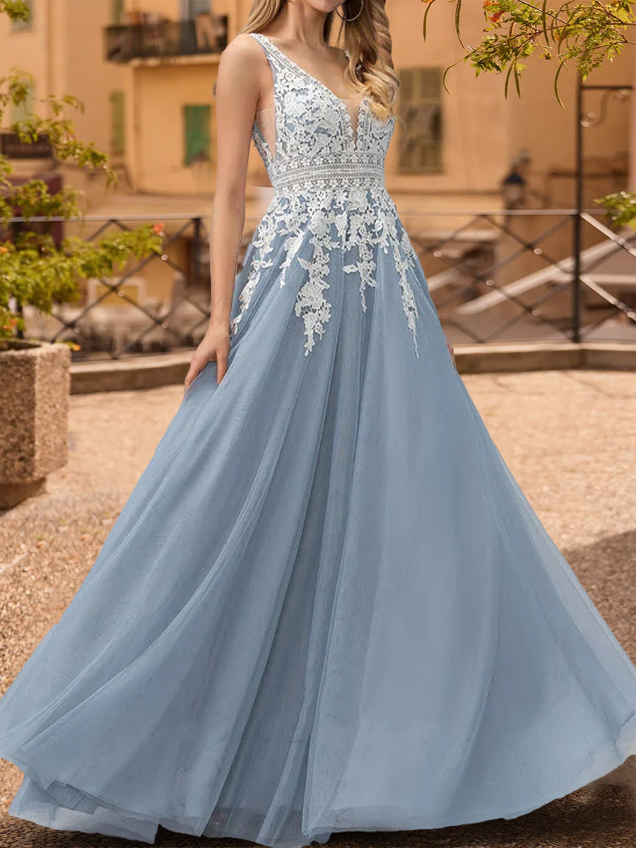 A-Line/Princess V-Neck Sleeveless Formal Dresses with Applique