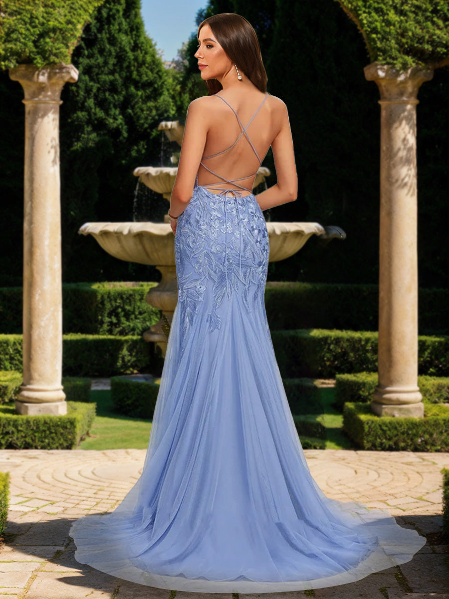 Trumpet/Mermaid Spaghetti Straps Sleeveless Formal Dresses with Lace