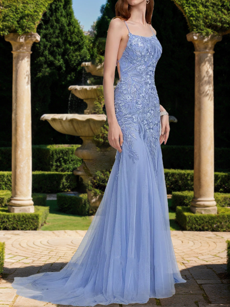 Trumpet/Mermaid Spaghetti Straps Sleeveless Formal Dresses with Lace