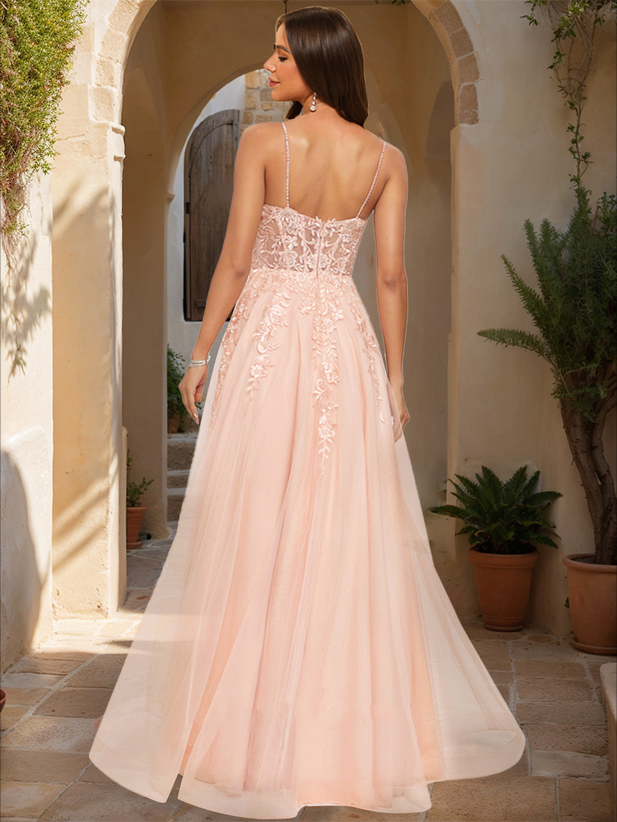 A-Line/Princess Spaghetti Straps Sleeveless Formal Dresses with Applique